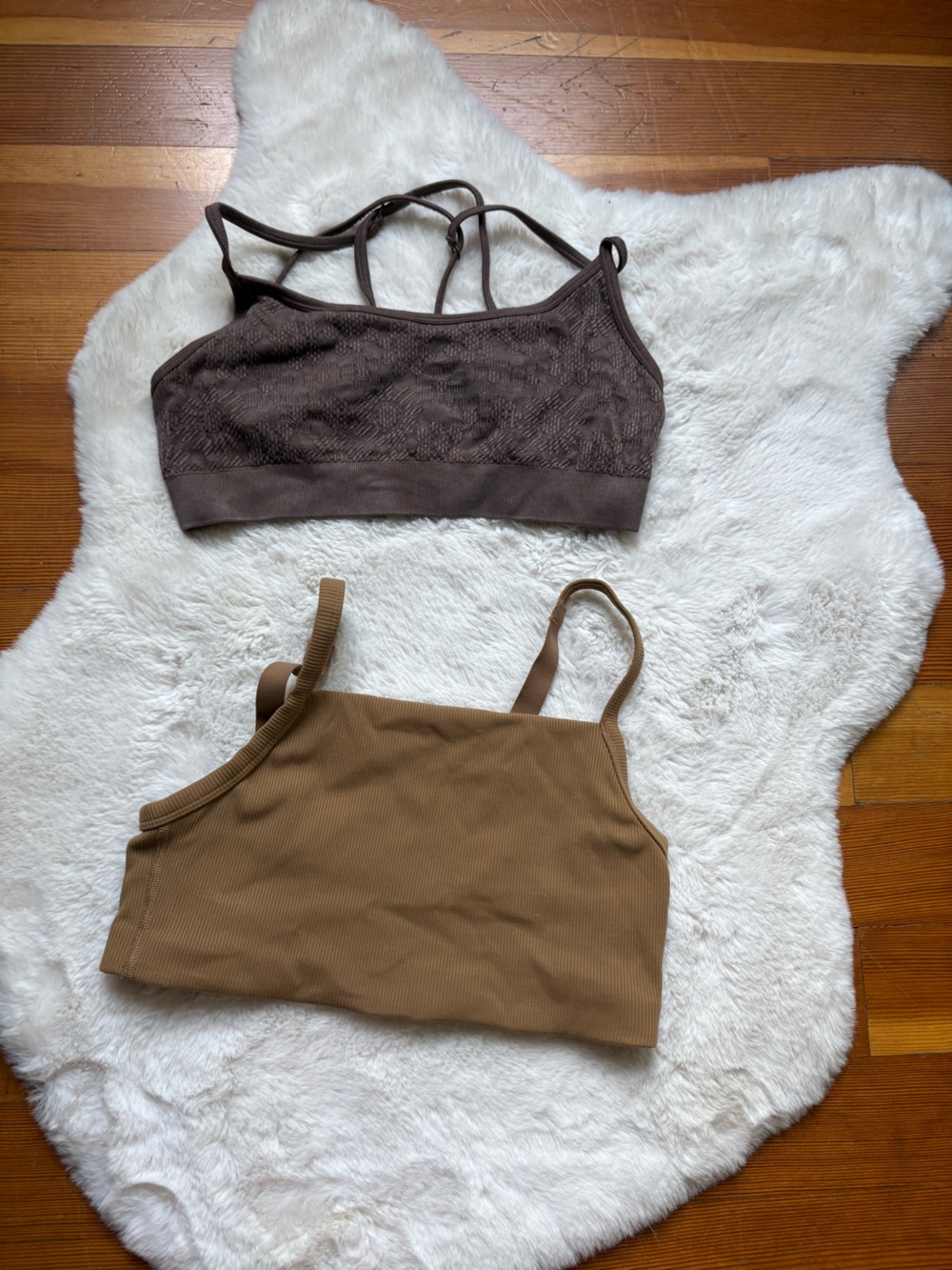Camel Ribbed Sports Bra and Dark Brown Patterned Sports Bra Set